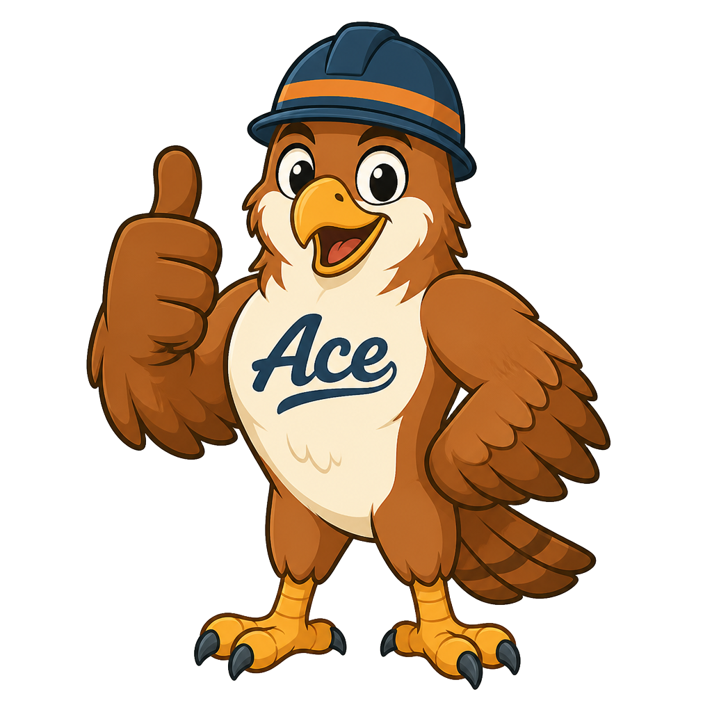 Ace the Hawk, AceHawk Roofing mascot, giving a thumbs up