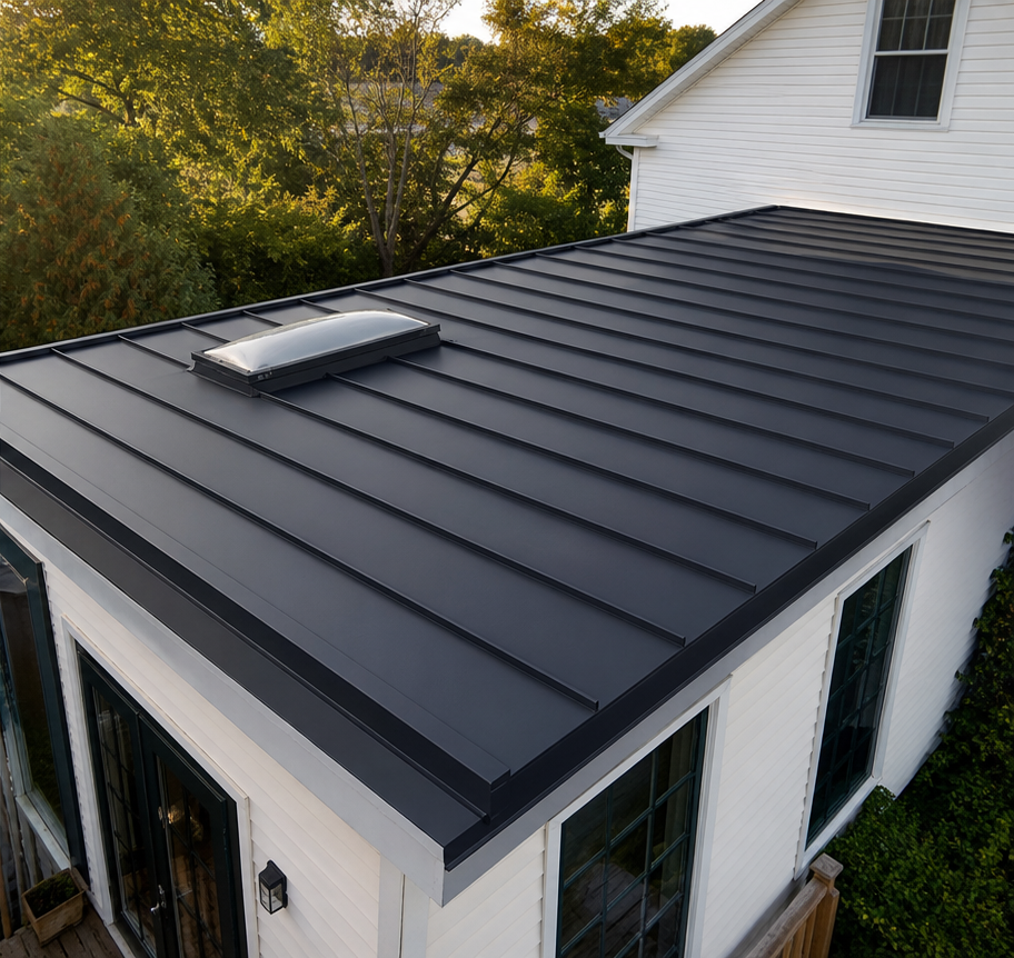 Flat roof to standing-seam metal after