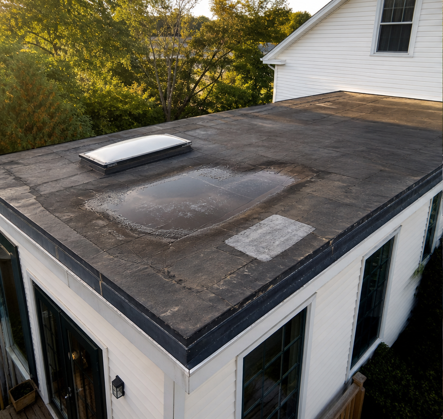 Flat roof to standing-seam metal before